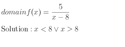 The domain of f(x)= 5/(x-8) is x<8\lor x>8